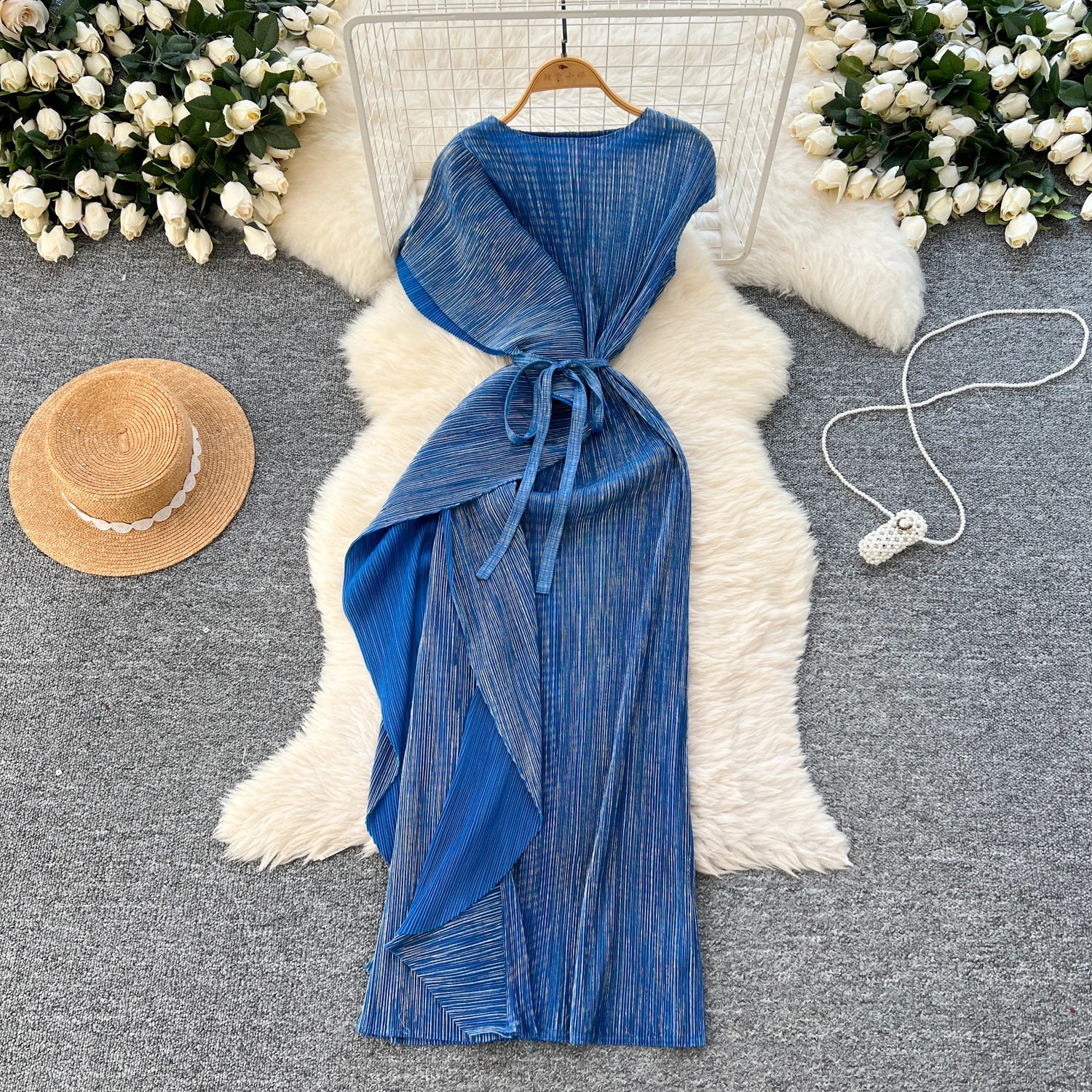 Chic asymmetrical sweet Spliced Elegant Korean Fashion Fairy Dresses Sexy High Waist A-line Vestidos Summer Women Vacation Blue One Size