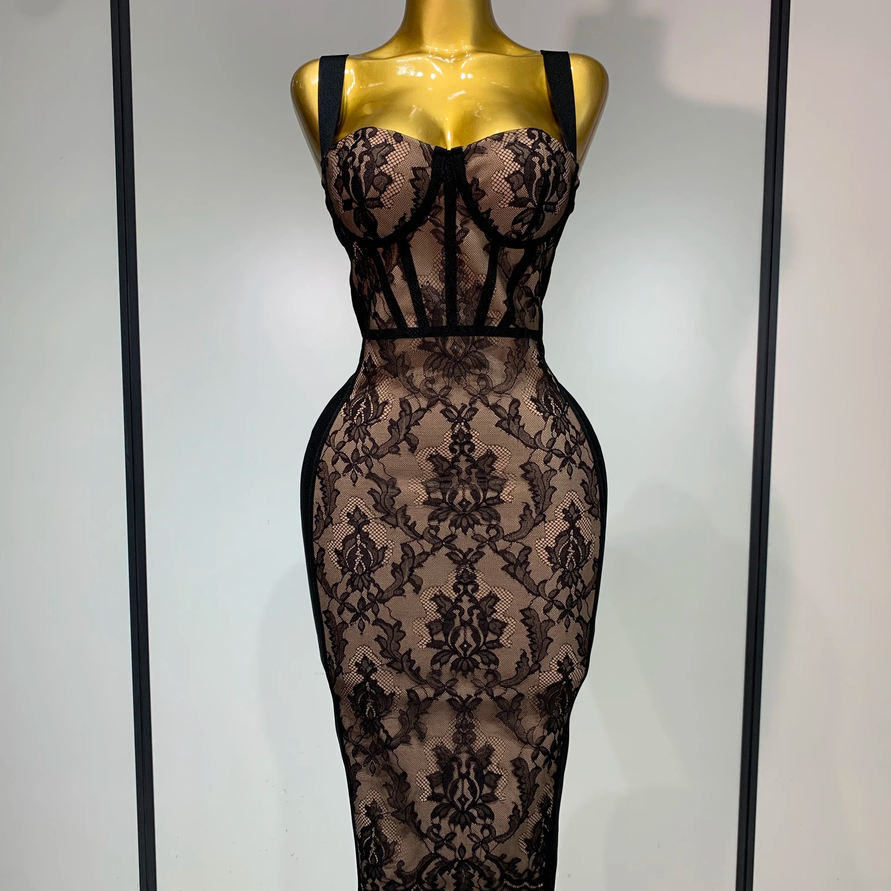 Sexy Black Lace Bodycon Bandage Dress 2025 New Arrivals Women Luxury Vintage Elegant Evening Party Dress Birthday Club Vestido black