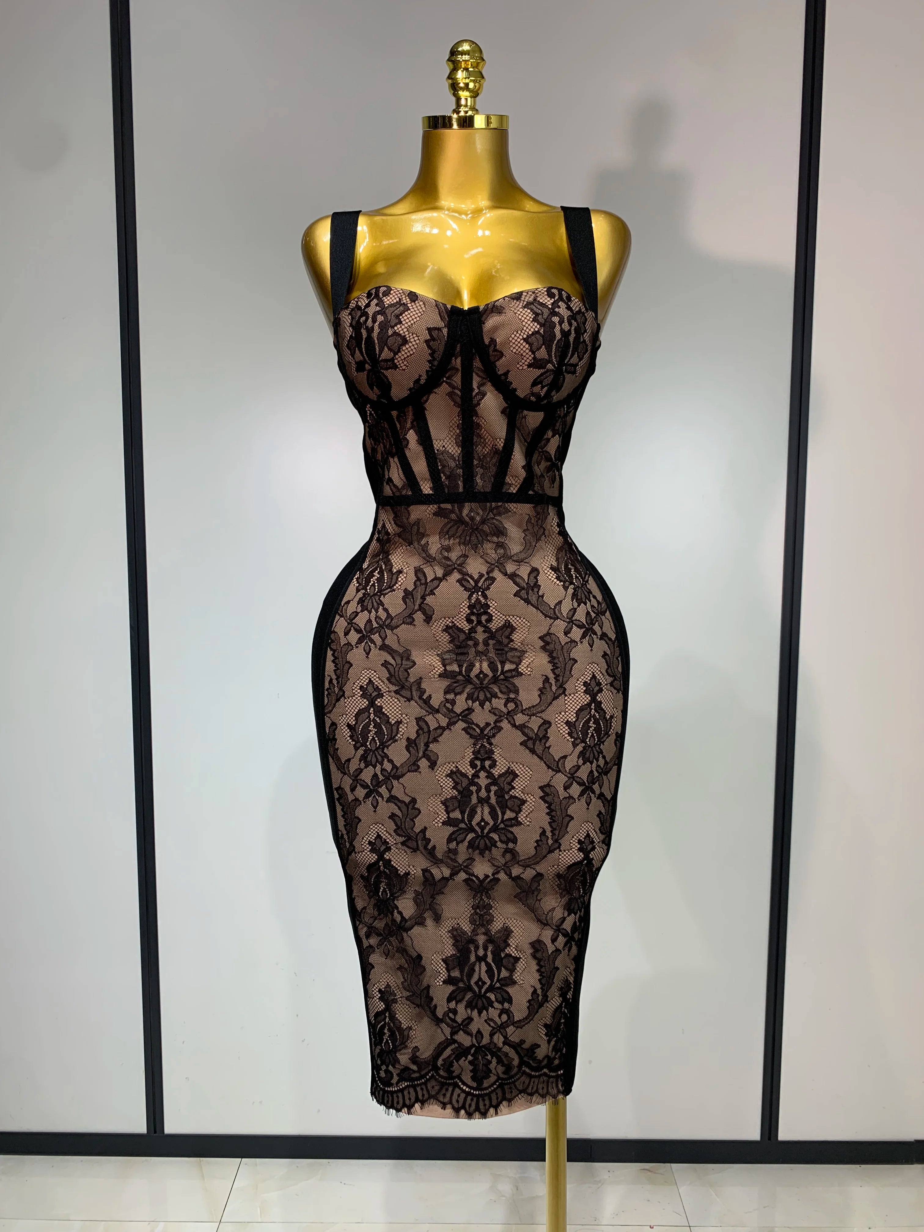Sexy Black Lace Bodycon Bandage Dress 2025 New Arrivals Women Luxury Vintage Elegant Evening Party Dress Birthday Club Vestido black