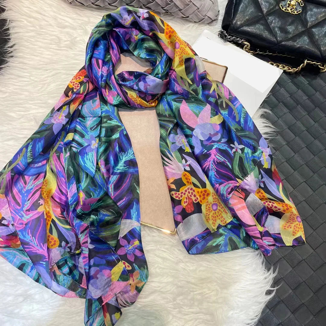 100% Mulberry Silk Scarf Shawl Brand Plum Bossom Design Blue Green Summer Beach Silk Shawls Scarfs Fall Winter Neck Head Scarf purple blue