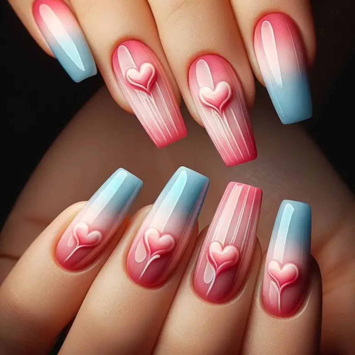 24pcs/set Medium long square fake nails for women girls cute heart flowers feather butterfly design press on false nail art tips 1874