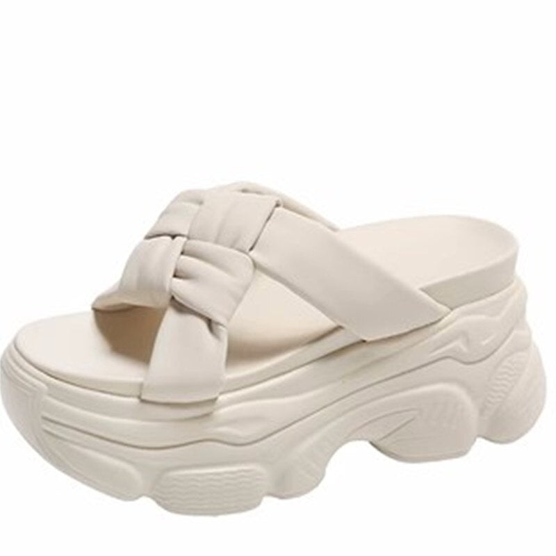 Thick Soles Leather Sandals Women 7.5CM High Platform Slippers Solid Color Woman Chunky Summer Casual Beach Slides Zapatos Mujer