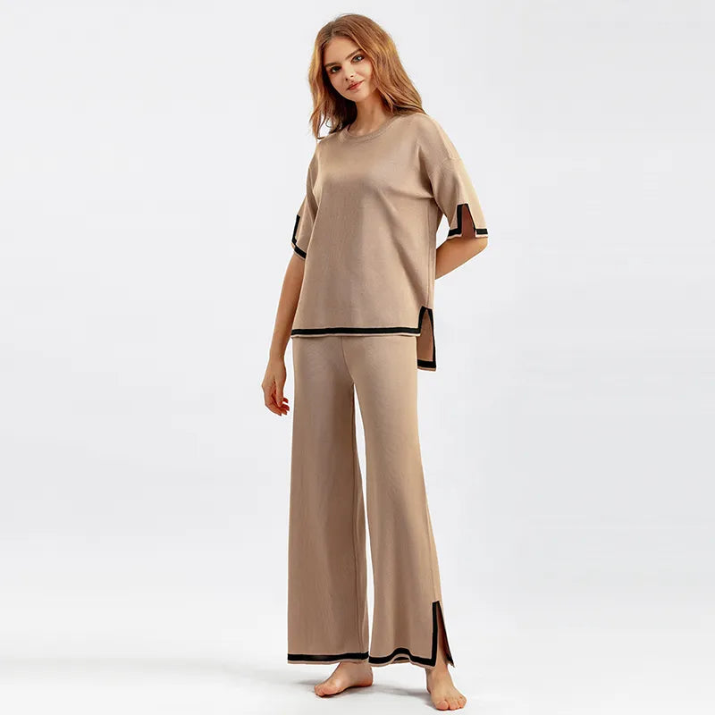 WAYOFLOVE Spring Autumn Knitted Sweater Women Two Pieces Sets O-Neck Loose Pullovers Sweater Tops & Wide-Leg Pants Knitwear Suit