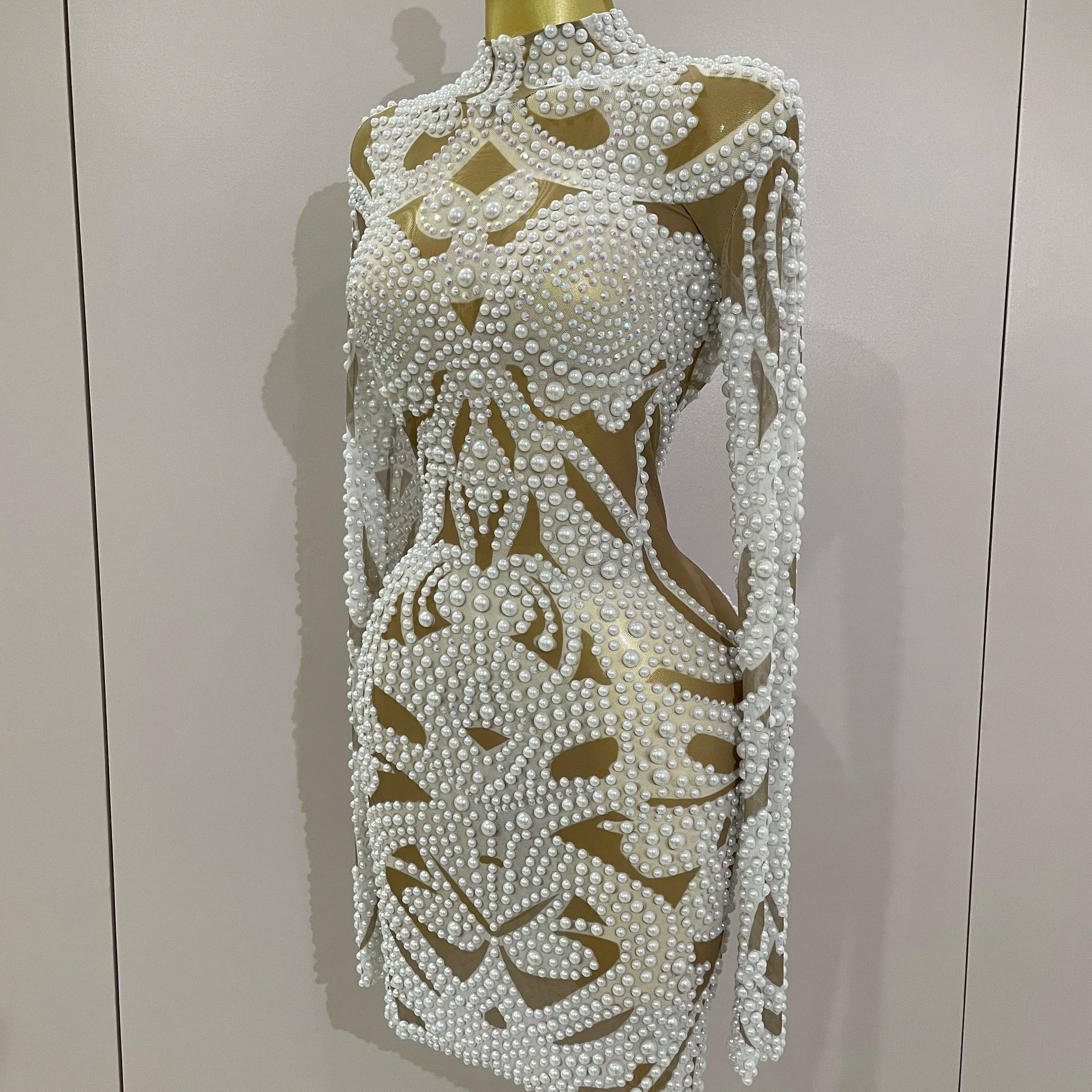 2025 New High-end Elegant Evening Gown AB Rhinestones Pearls Luxury Long Sleeves Mesh Dress Women Cocktail party Wedding Costume