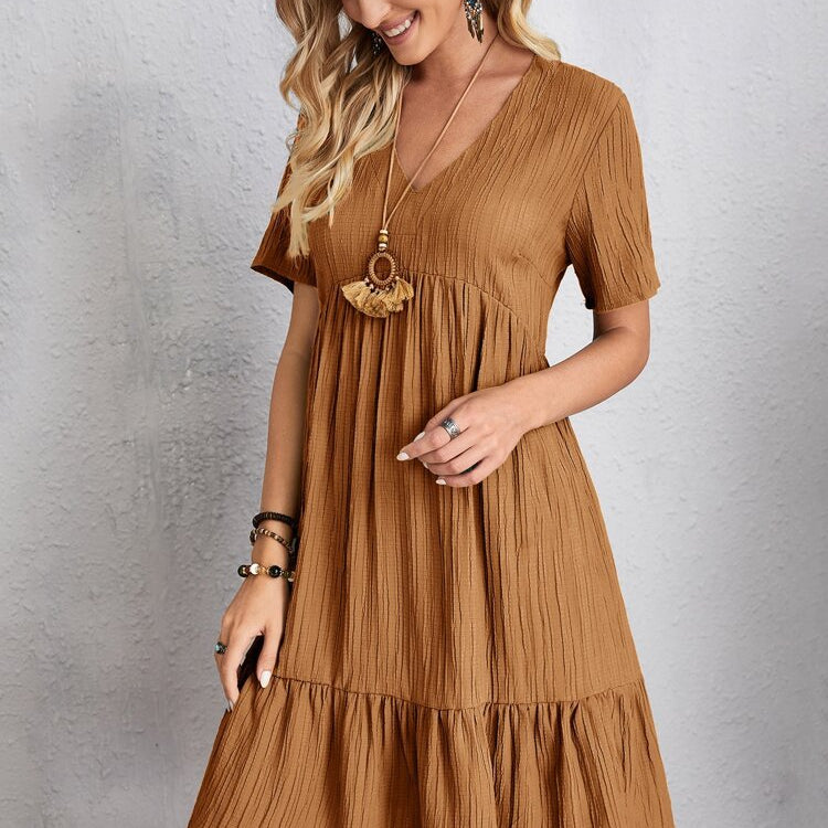 Summer Knee Length Dresses for Women 2024 New-In One-Piece Loose Casual Short Sleeve Dress Vintage Chic Maxi Midi Dress Outfits C6 Brown
