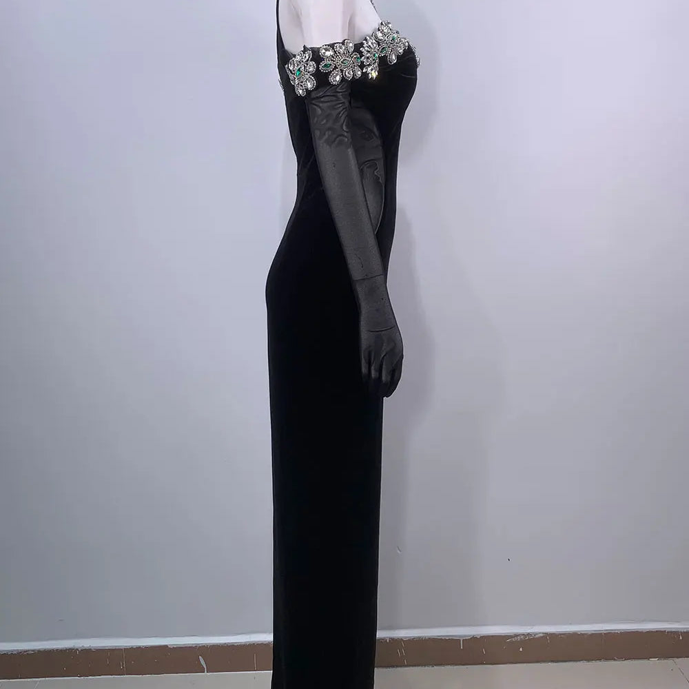 2024 Sexy Women's Heavy Industry Diamond Adorned Velvet Dress with Hanging Neck Shoulder Bodycon Transparent Gaul Gloves+Dresses