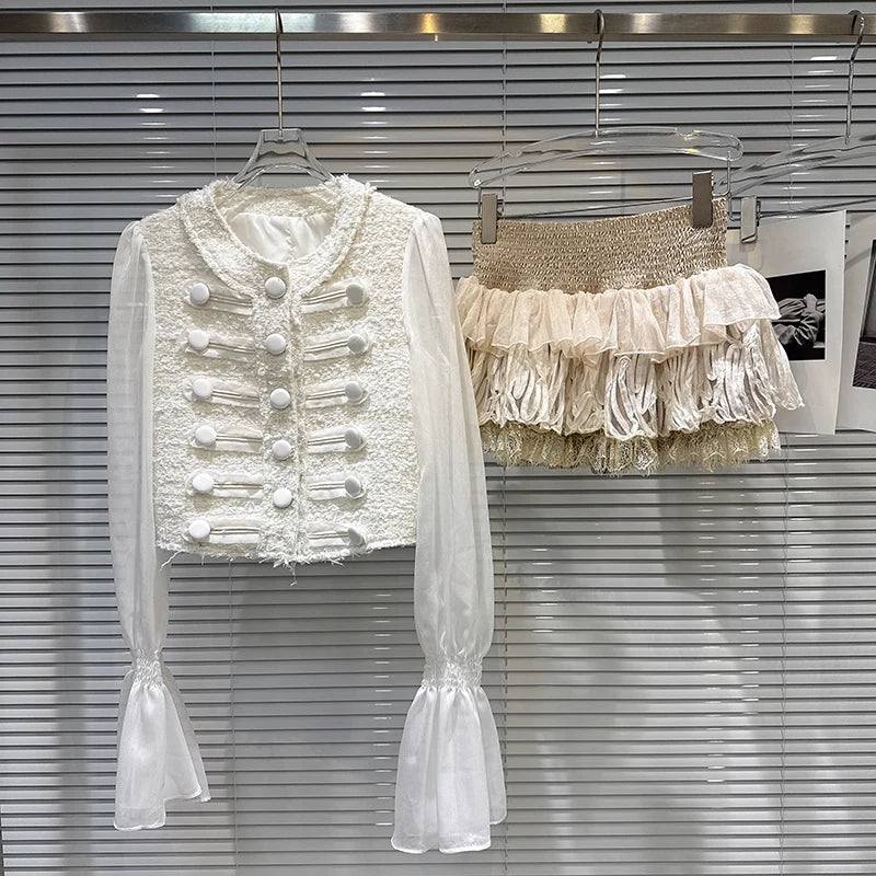 Autumn New Fashion Tweed Mesh Sleeve Short Jacket For Women High Elastic Waist Cake Skirt Female Trend 11A07728