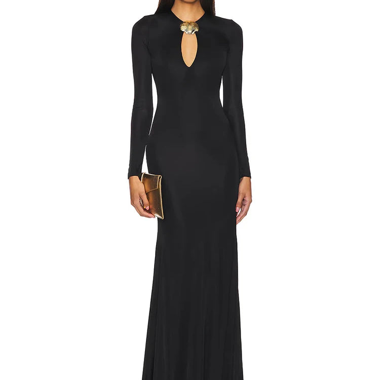 Sophisticated Long Sleeved Black Maxi Dress with Cut-Out and Open Back for Gala Affairs Evening Gown