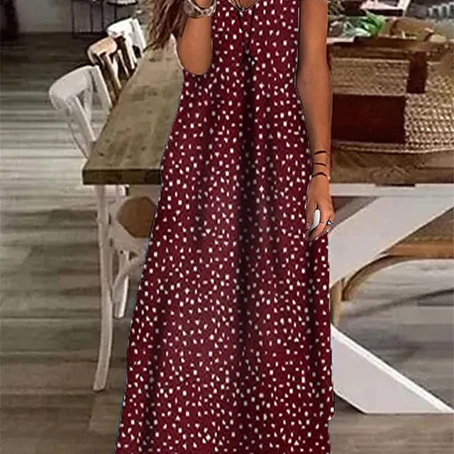 Summer Boho Floral Polka Dot V Neck Long Maxi Dress Elegant Ladies Holiday Beach Loose Retro Sundress Red Wine