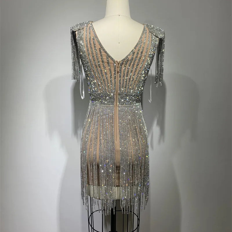 STOCK Super Shining Diamond Tassel Sexy V-Neck Mini Dress Fashion Woman Birthday Party Outfit Performance Costume