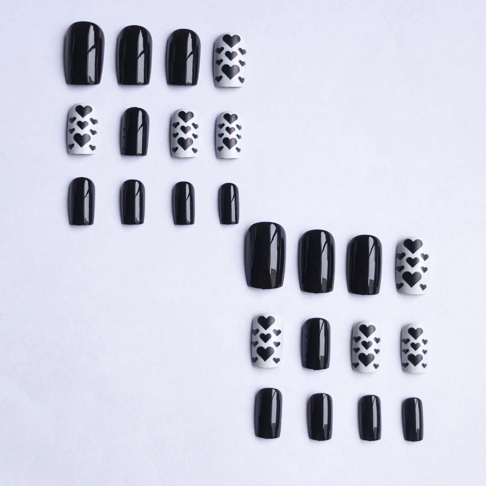 Black Short Square Fake Nails 24Pcs Full Cover Press On Nails Love Heart Printed Cool Girls Valentine's Day Charm Manicure