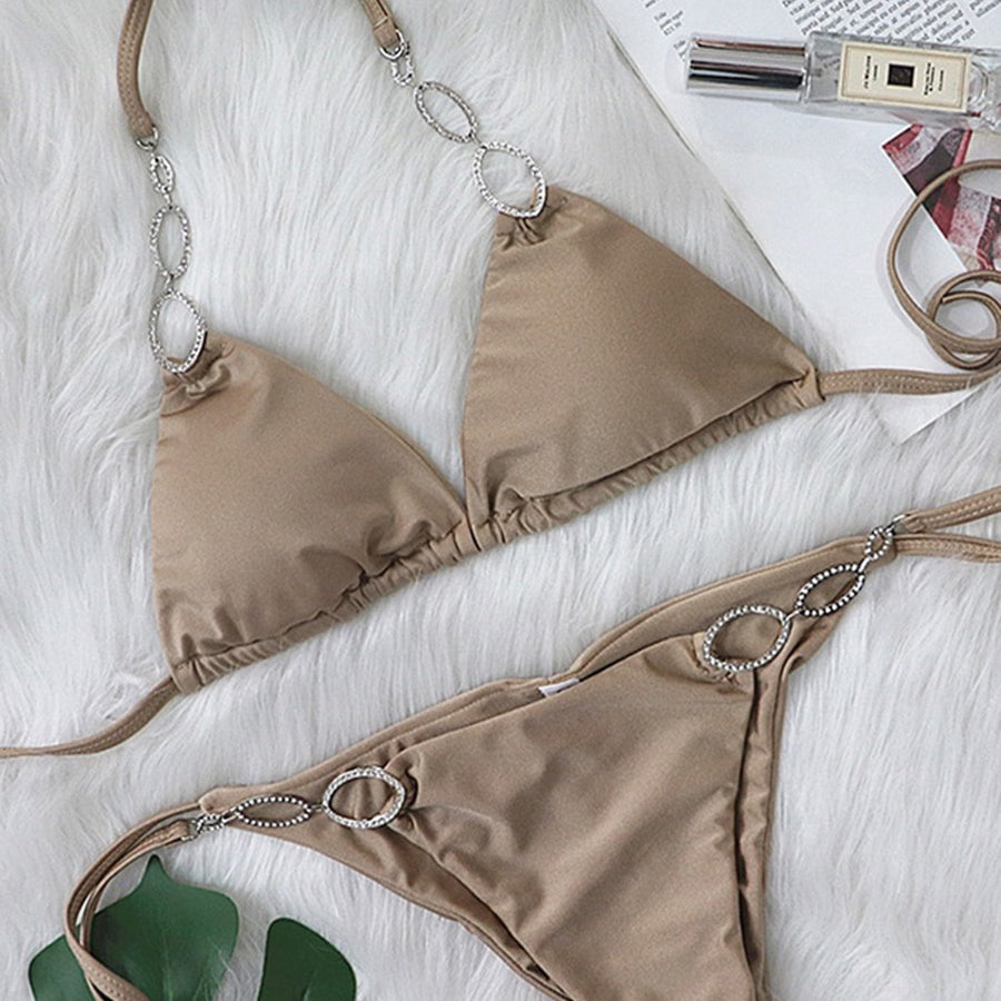 Rhinestone Bikini set Brazilian Bathing Suit B972Khaki