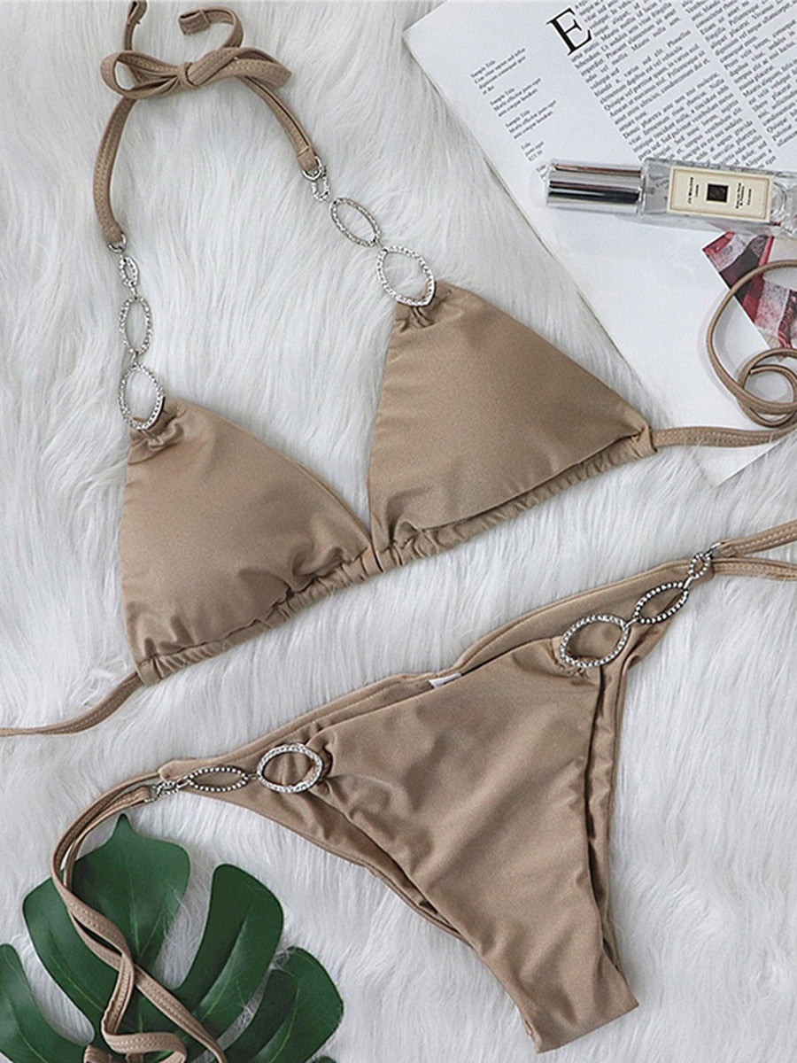 Rhinestone Bikini set Brazilian Bathing Suit B972Khaki
