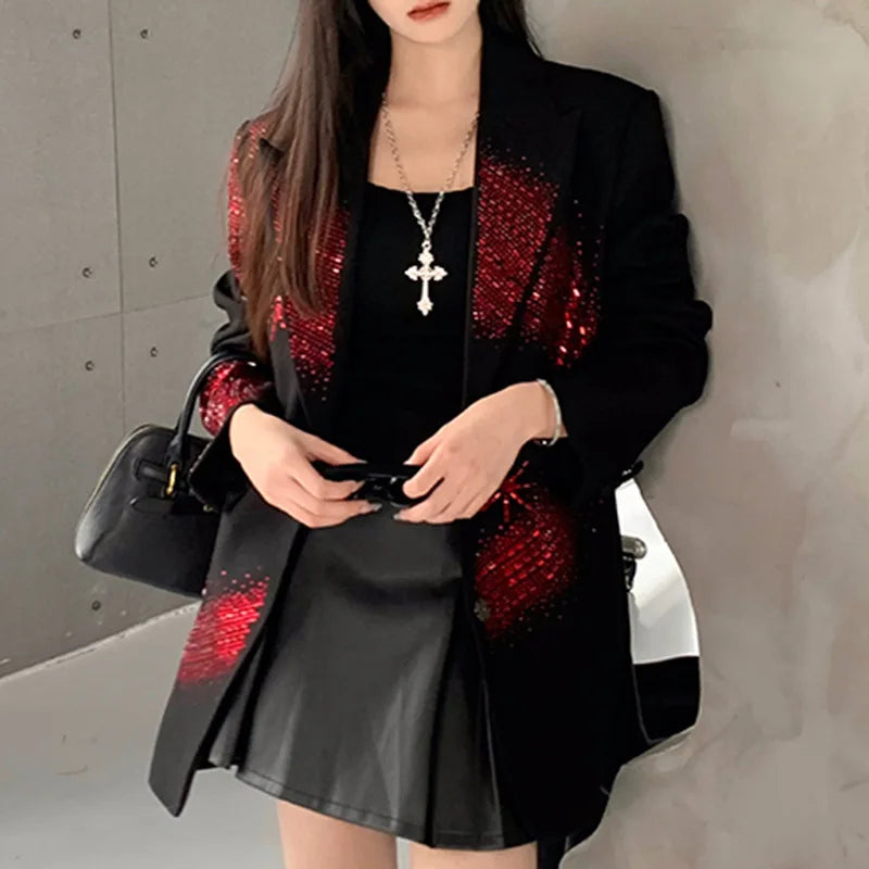 Solid Loose Spliced Hot Fix Elegant Jackets for Women Lapel Long Sleeves Patchwork Button Jacket Female Fashion New RED