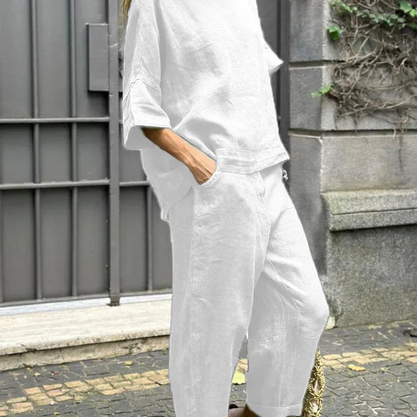 Summer Fashion New Style Matching Series Round Neck Cotton Linen Top High Waist Wide Leg Long Pants Set Plus Size Women's Wear WHITE