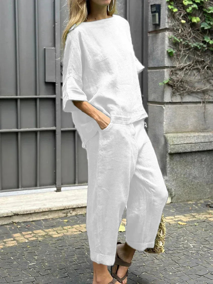 Summer Fashion New Style Matching Series Round Neck Cotton Linen Top High Waist Wide Leg Long Pants Set Plus Size Women's Wear WHITE