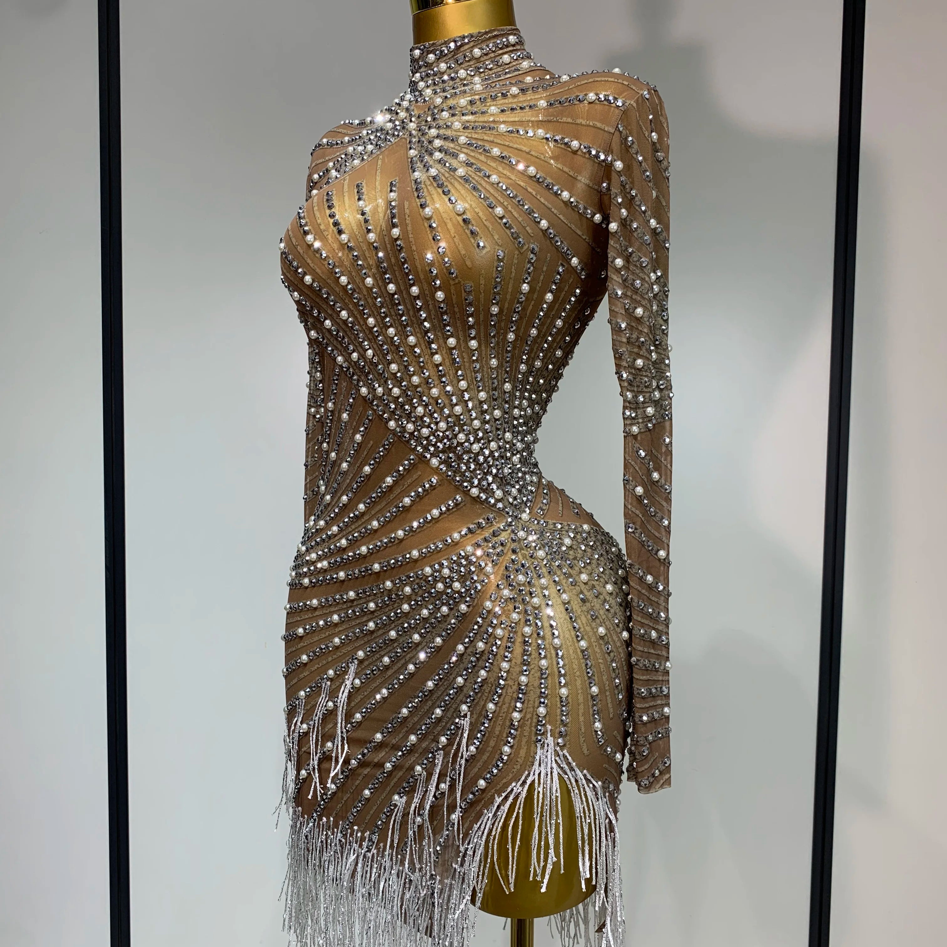 Luxury Rhinestone Tight Short Dress Women Long Sleeve Evening Party Prom Gown Birthdy Nightclub Performance Costume Stage Outfit