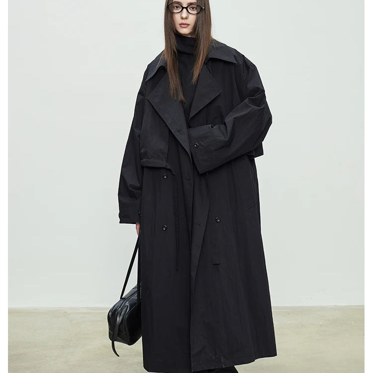 Lautaro Spring Autumn Oversized Khaki Long Trench Coat for Women Double Breasted Loose Casual European Fashion Overcoat 2025 Black