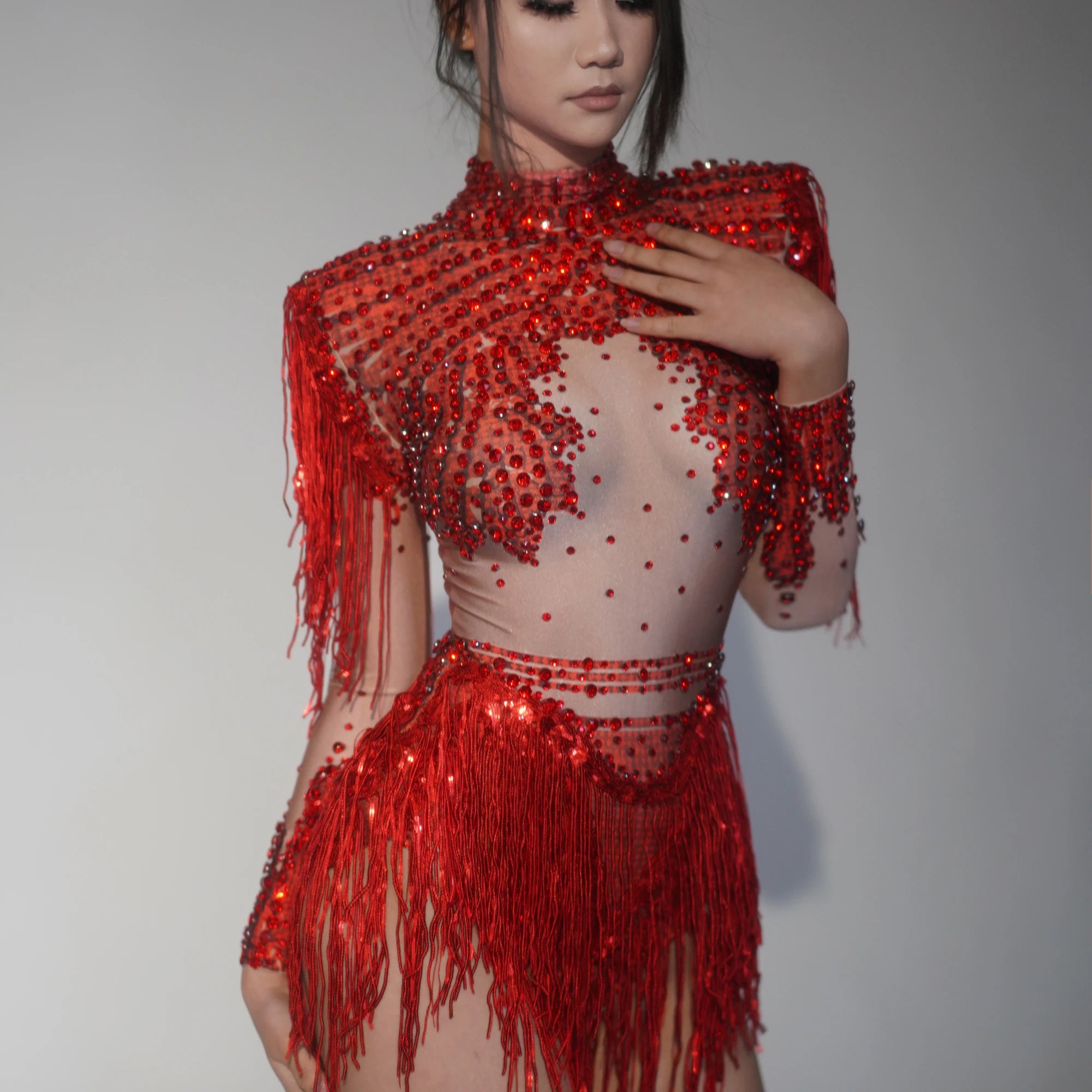 STOCK Red Women Long Sleeve Sexy Shinning Tassels Rhinestones Bodycon Bodysuit High Stretch Bar Dancer Nightclub Stage Wear Red