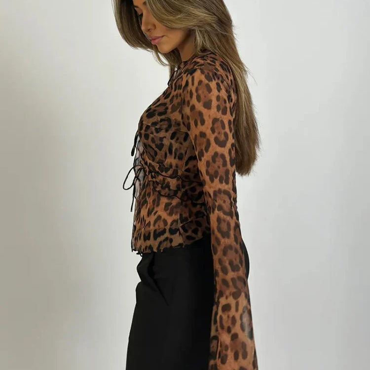 Leopard Mesh Tops Women Chiffon Lace-up V Neck Long Flare Sleeve Blouse Femme Fashion Print T-shirt Elegant Loose Tops