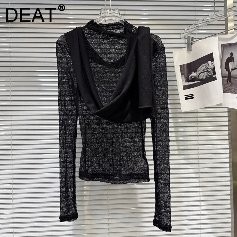 Winter New Niche Ribbon Scarf Design Long Sleeve Lace Shirts For Women Versatile O-neck Tops Female Trendy 11A07938