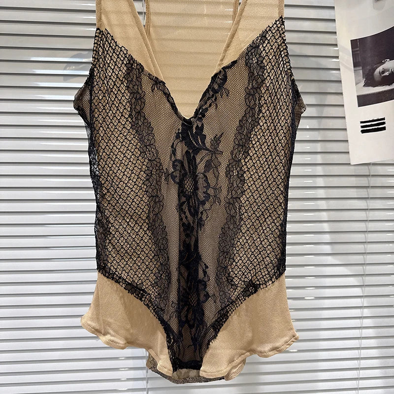 Winter New Fashion V-neck Lace Patchwork Slim Fit Mesh Camisole For Women Versatile Tank Tops Female Trend 11A07580