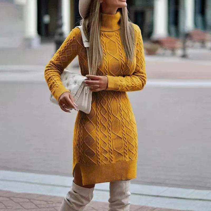 Autumn Winter New Women's Knitted Wrap Hip Skirt High Neck Warm and Thickened Elegant Knitted Sweater Long Sleeve Dress Yellow LYQ262