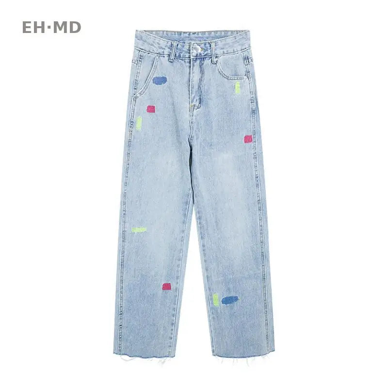 Light Blue Embroidered Jeans Women Summer Thin Chubby Girl High Waist Loose Slimming Straight Rouge Cropped Pants Stitching 2024 Sky blue