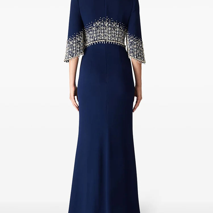 Slimming Elegant Midi Dresses for Women Round Neck Half Sleeves Patchwork Bead Luxurious Dress Female Clothing New