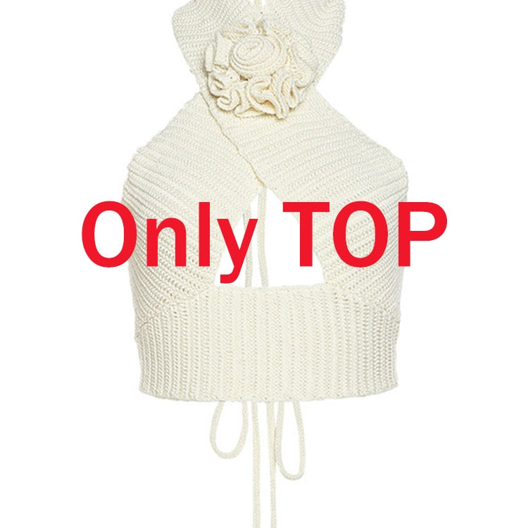 Tawnie Y2K Floral Appliques Knitted 2 Piece Sets Women 2024 Summer Sexy Halter Crop Top Split Maxi Skirt Sets Party Club Outfits Backless CropTop One Size