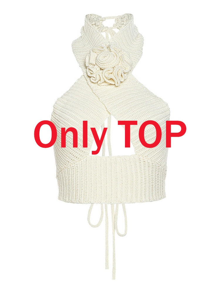 Tawnie Y2K Floral Appliques Knitted 2 Piece Sets Women 2024 Summer Sexy Halter Crop Top Split Maxi Skirt Sets Party Club Outfits Backless CropTop One Size