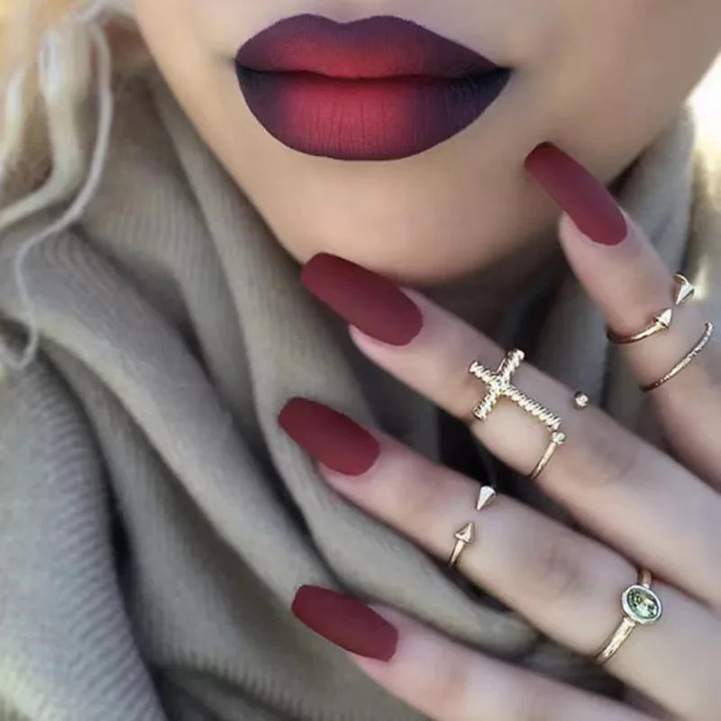 24pcs/set short fake nails for women girls almond ballet nail tips matte red nude brown faux ongles press on acrylic false nail 941