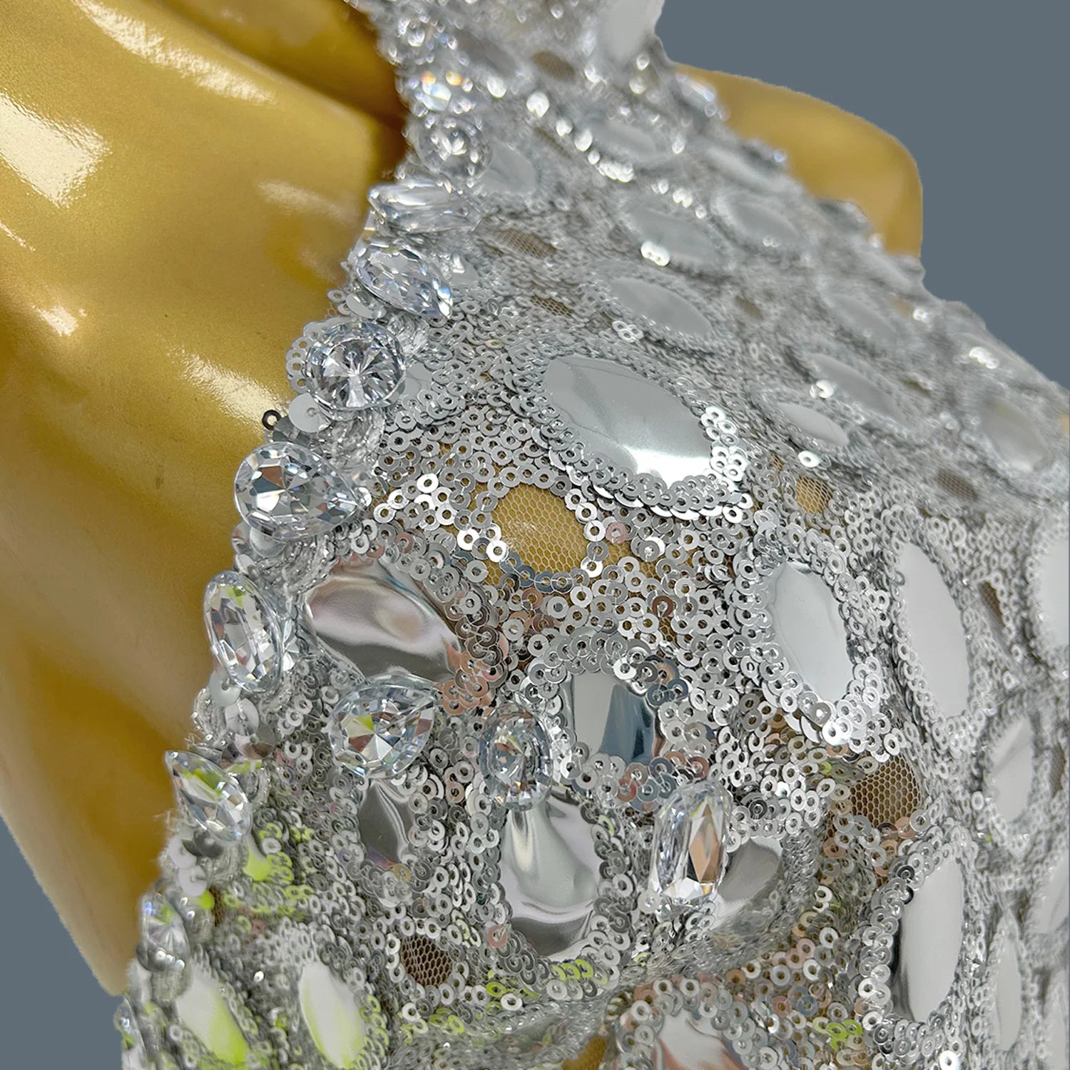 Mesh Performance Costume Bar Dancer Night Club Bodysuit Stage Wear Sparkly Green Fade Mirrors Women Sexy BodyconLeotard Yuanjing