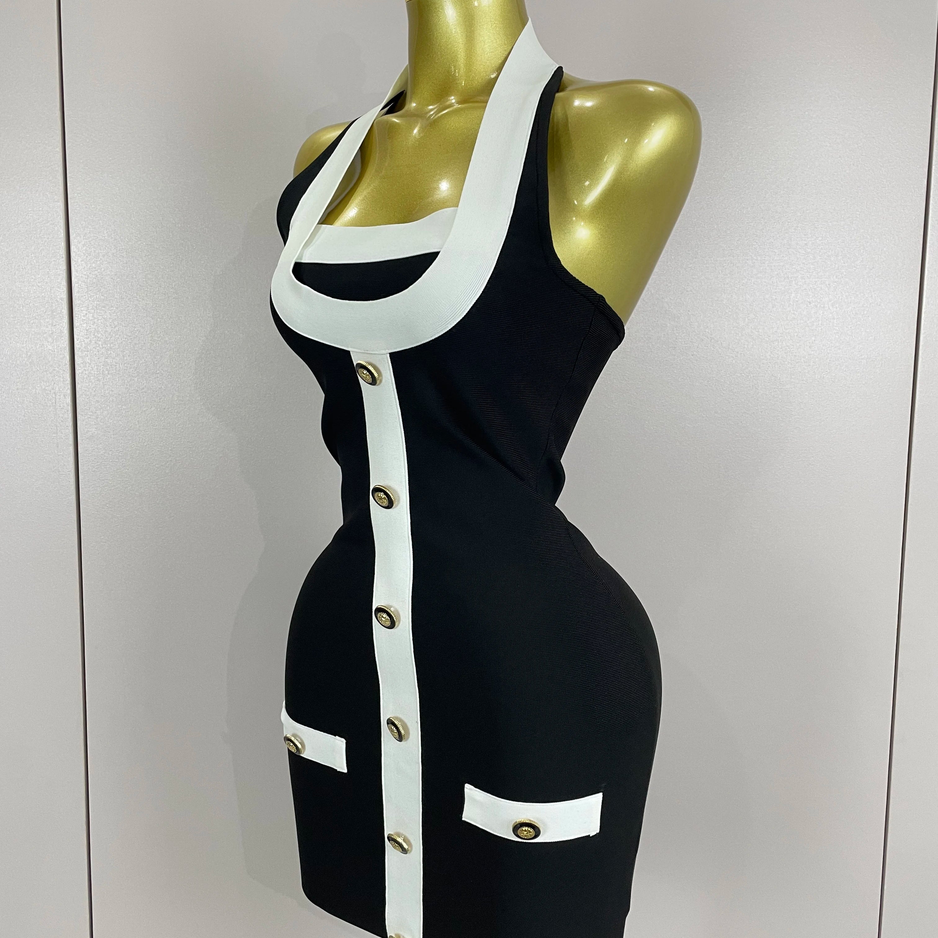 Sexy Backless Halter Button Bodycon Black Mini Bandage Dress 2025 Women Celebrity Elegant Evening Club Party Outfit