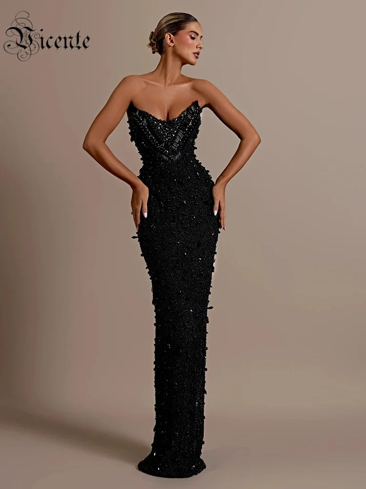Stunning Strapless Sleeveless Black Crystal Sequin Dress Luxury Party Evening Gown