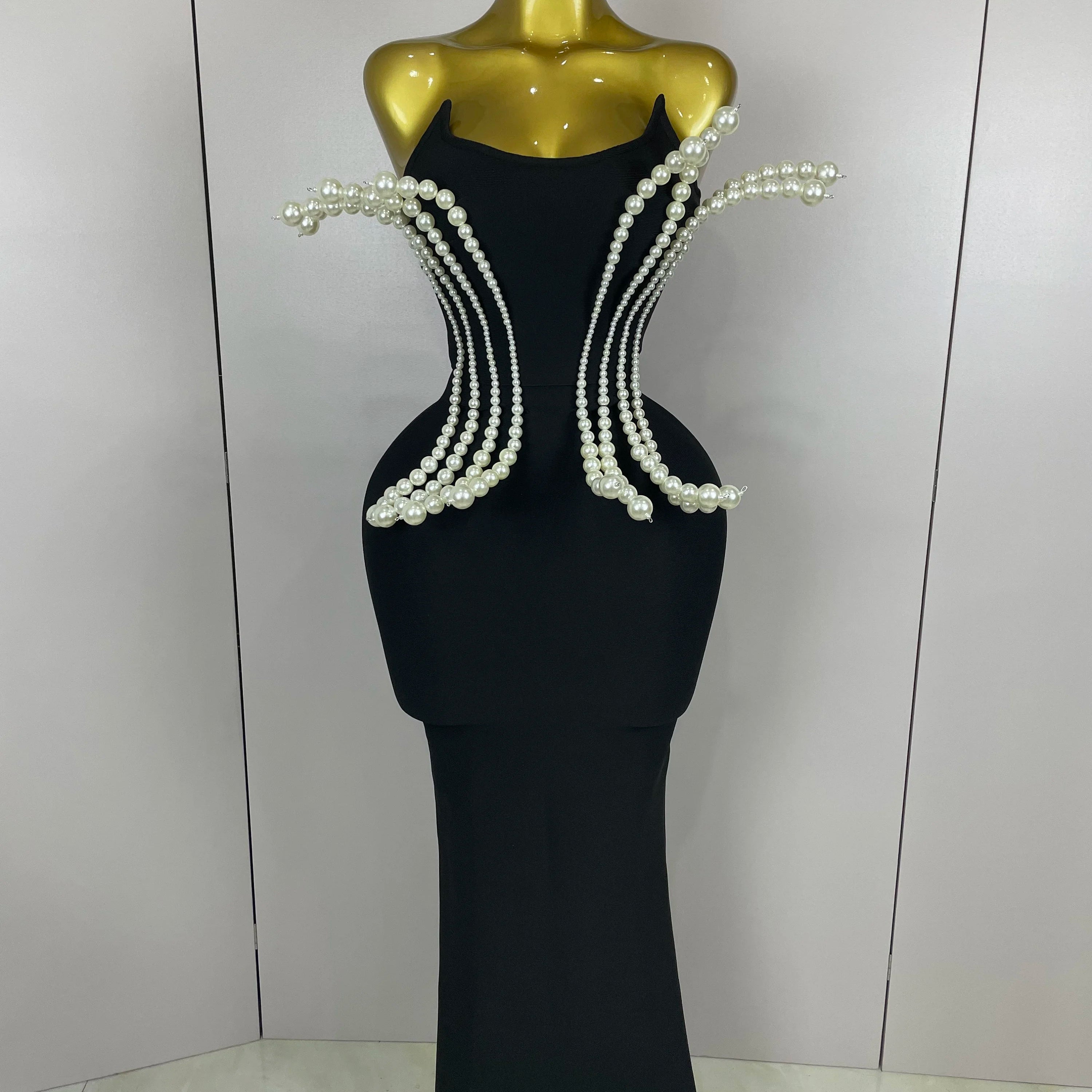 2025 New Sexy Strapless Pearl Beading Bodycon Long Bandage Dress Women Fashion Elegant Evening Party Luxury Birthday Dresses black