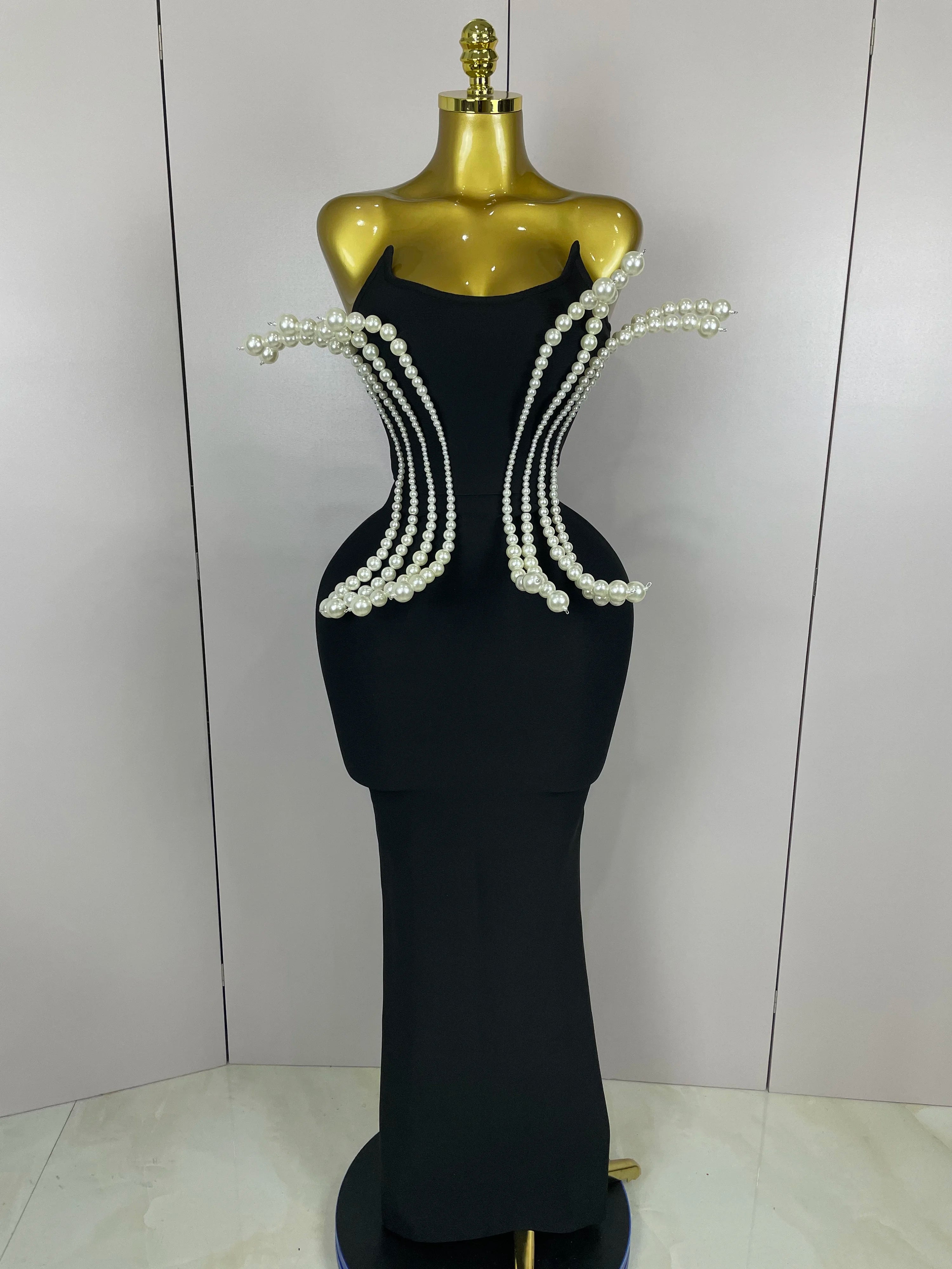 2025 New Sexy Strapless Pearl Beading Bodycon Long Bandage Dress Women Fashion Elegant Evening Party Luxury Birthday Dresses black