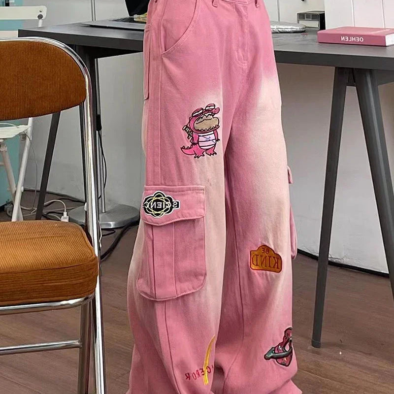 American Pink Cartoon Embroidered Baggy Cargo Mom Jeans for Women Spring New Waist Slimming Wide Leg Pants Trousers Female