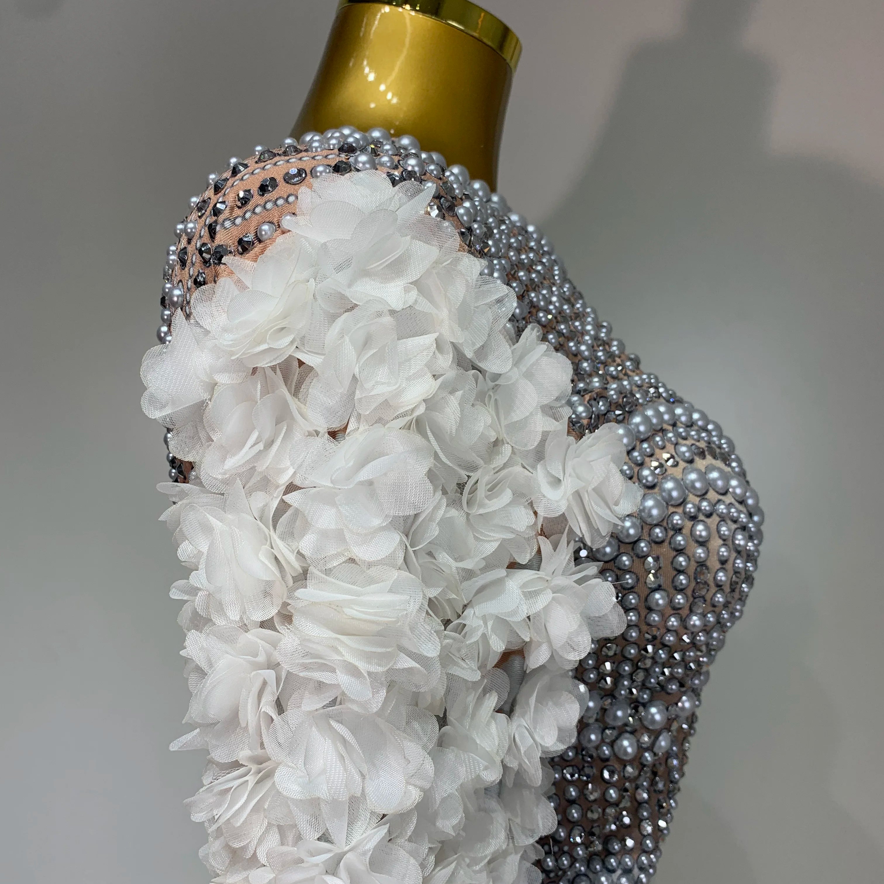 Sparkly Luxury Sheath Bodysuit Women Sexy Pearls Rhinestone Flowers Stage Singer Outfit Nightclub Performance Dance Costume