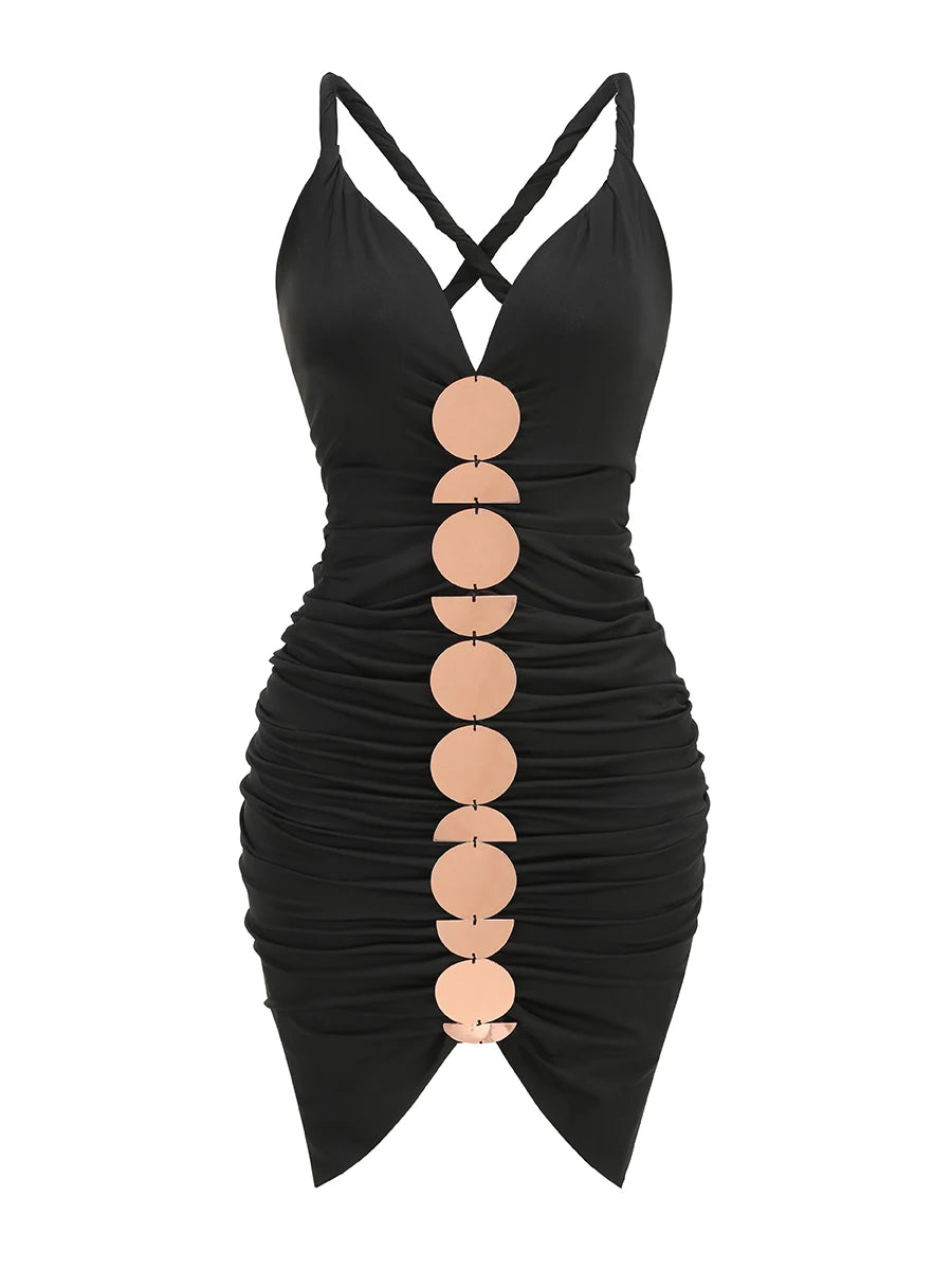 Black Color Women Sleeveless Sexy V-Neck Golden Big Circle Sequins Bodycon Mini Dress Celebrate Evening Party Cocktail Dress