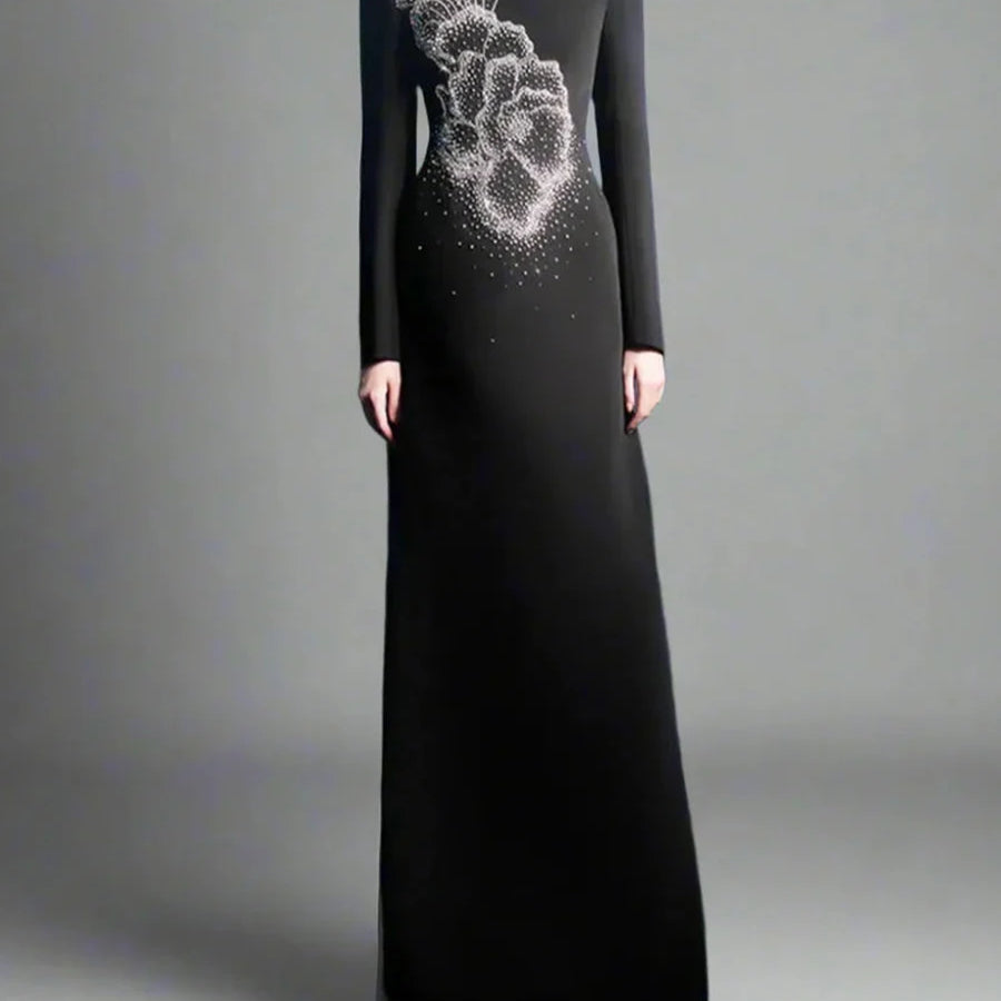 Solid Spliced Stick Drill Elegant Dresses for Women Round Neck Long Sleeves Temperamnet Dress Female Fashion New BLACK