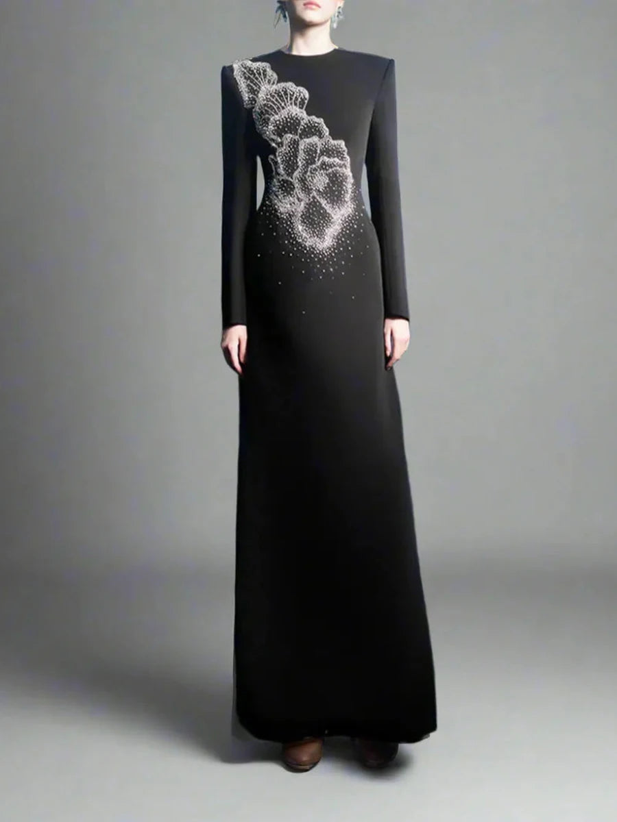 Solid Spliced Stick Drill Elegant Dresses for Women Round Neck Long Sleeves Temperamnet Dress Female Fashion New BLACK