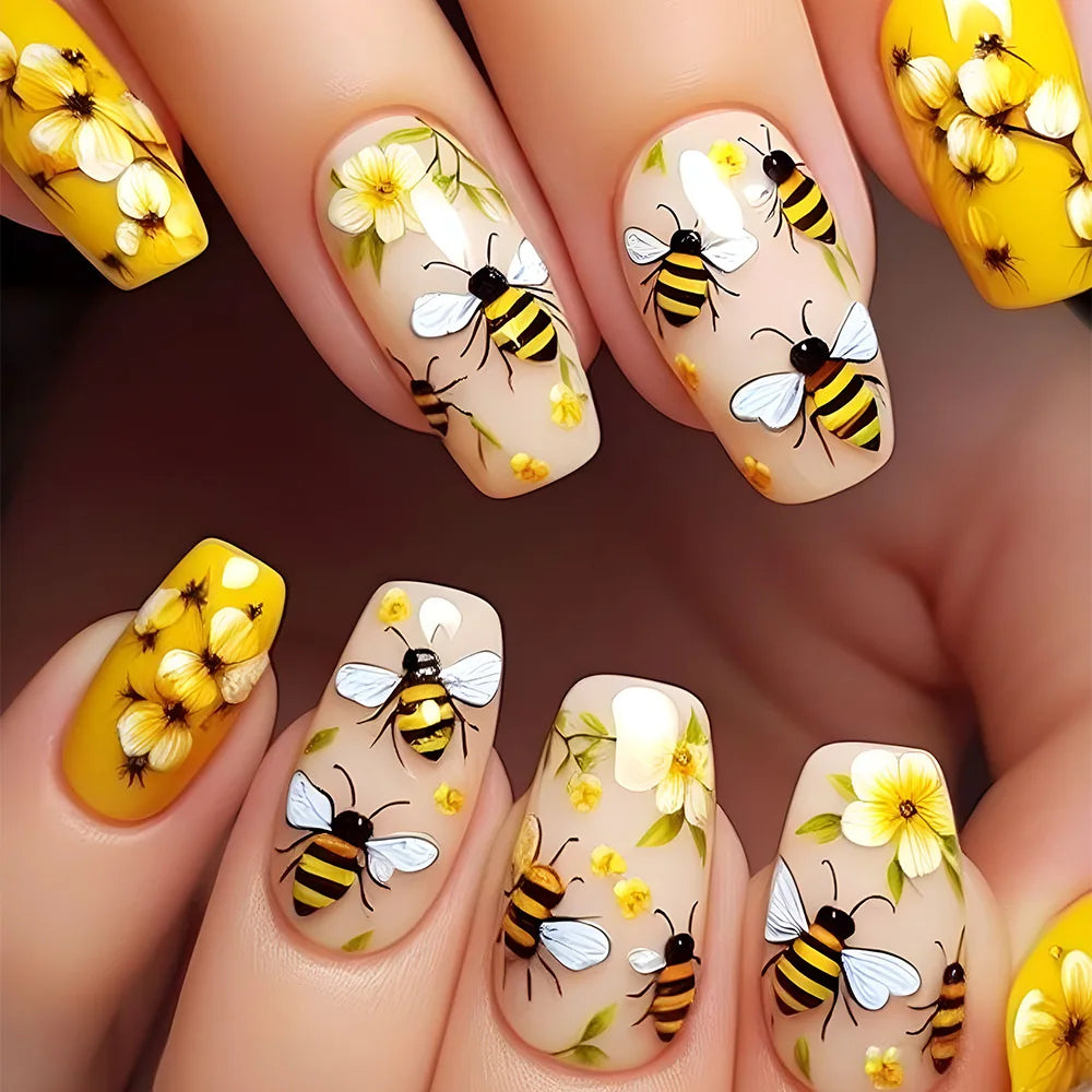 24Pcs Cute Bee False Nails with Jelly Glue Mid-length Ballet Fake Nail Art Tips Yellow Flower Design Wearable Nails Set Press On 1910