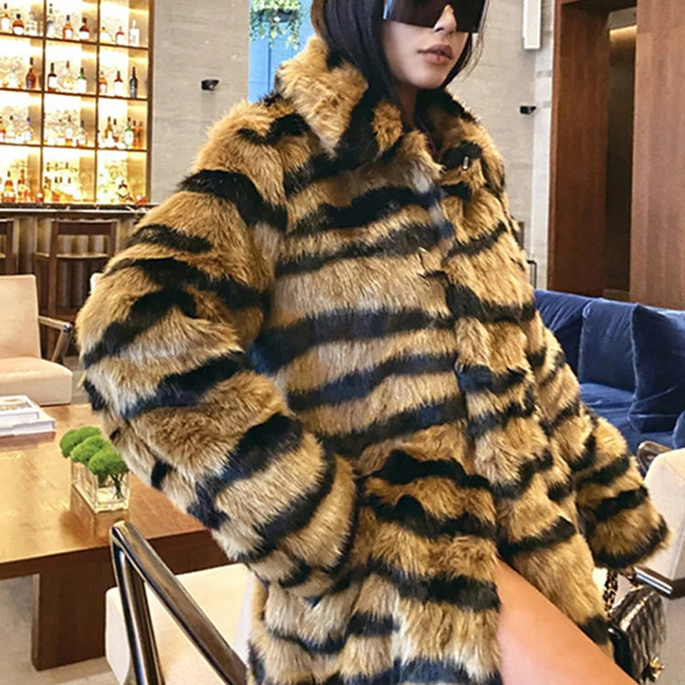 Winter Long Warm Thick Leopard Faux Fur Coat Women Tiger Print Loose Luxury Fluffy Clothing Female Thicken Plush Overcoat