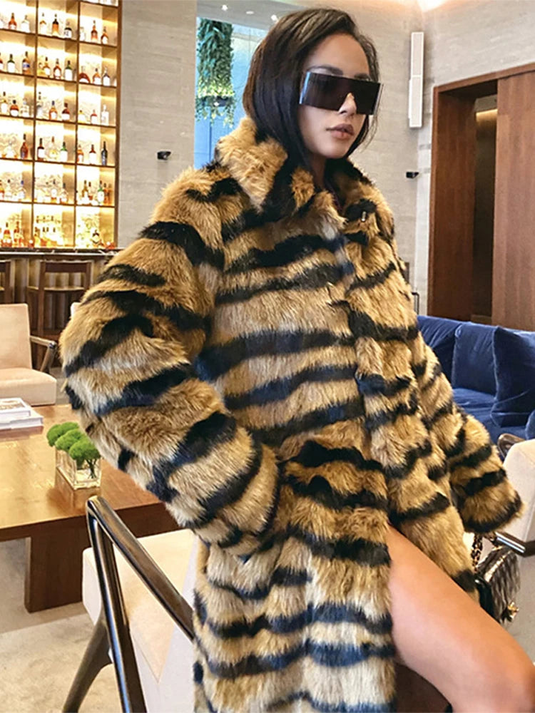 Winter Long Warm Thick Leopard Faux Fur Coat Women Tiger Print Loose Luxury Fluffy Clothing Female Thicken Plush Overcoat