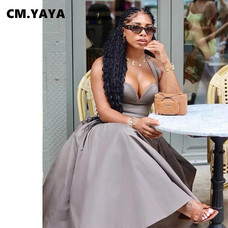 CM.YAYA 2024 Summer Sleeveless Sweet Strapless Slim Halter Floor-Length Long Women Dress Beach Party Evening Sexy Maxi Dresses
