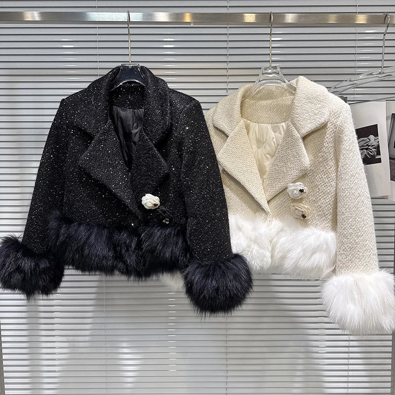 Winter New Fashion High-end Fox Fur Patchwork Woolen Suit Collar Cotton Short Coat For Women Elegant Jacket 11A07690