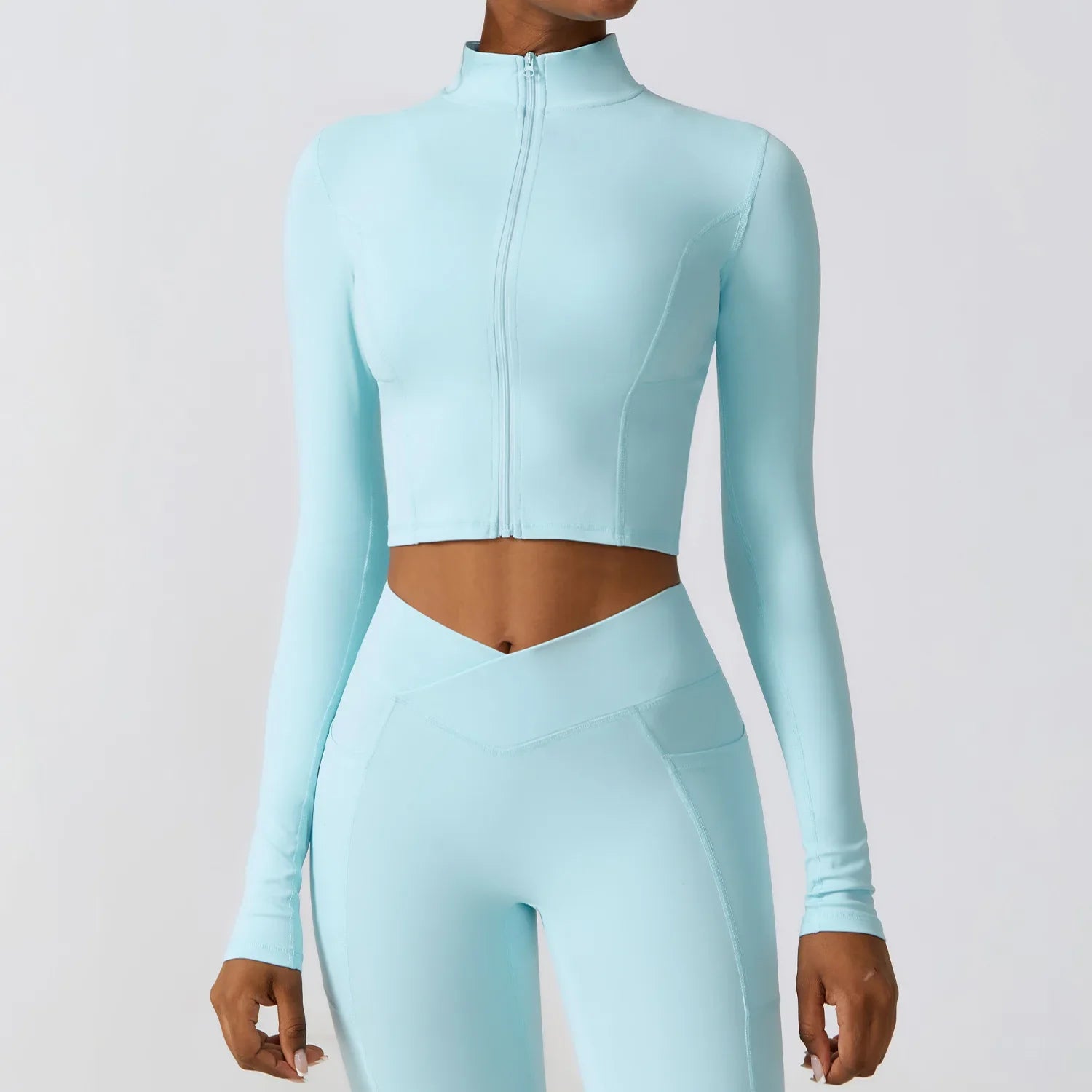 Zipper Sports Top Women Gym Long Sleeve for Fitness Coat Running Women Clothing Running Workout Tights Gym Tops Yoga Shirts Light blue