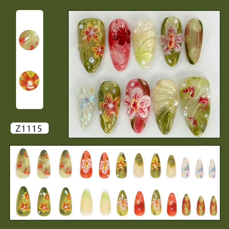 24pcs Flower Print Press on Nails Retro Color Blush Almond Fake Nail Tips Detachable Wearable Sweet Cool Spice Girl False Nails 1