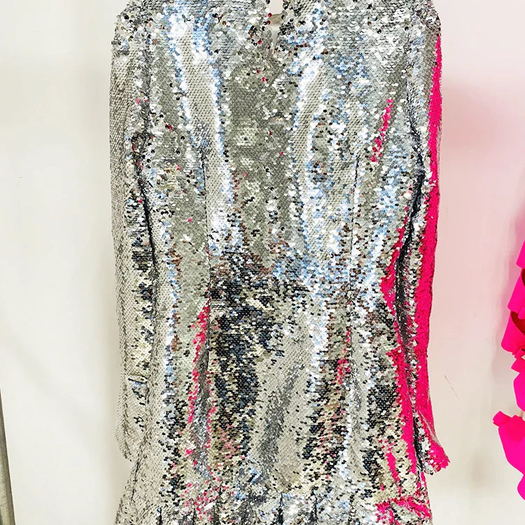 HIGH STREET Newest Fashion Designer Dress Women's Long Sleeve Glitter Sequined Ruffles Dress